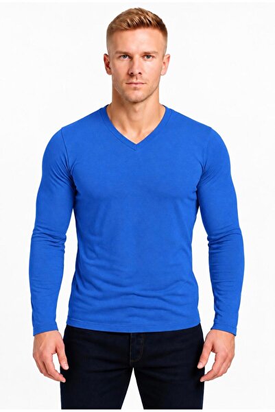 AXXEL Erkek İndigo Pamuklu Likralı Süprem Uzun Kollu T-shirt-D236