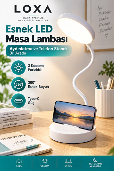 LOXA LED Masa Lambası Telefon Standlı 3 Kademeli Parlaklık Type-C Ders Çalışma Lambası
