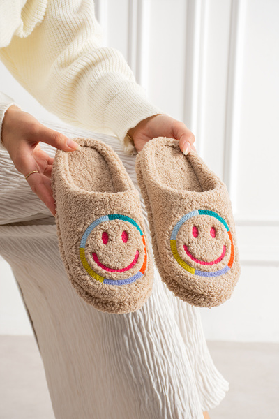 ModaMert Women's Beige Smiley Face Embroidered Comfortable Useful Non-Slip Pl...