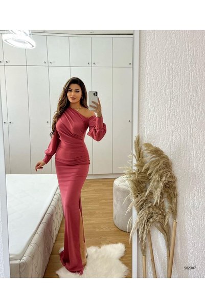 Modafeminen Tek Omuz Açık Detay Ithal Krep Kumaş Maxi Boy Uzun Kol Elbise GÜL...