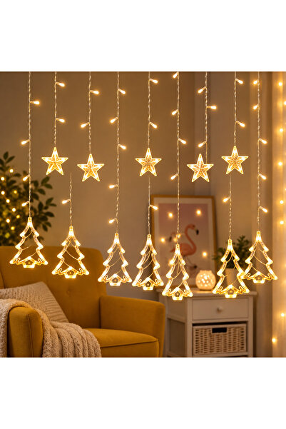 Generic Brand Perdea Luminoasă LED cu Stele și Brazi de Crăciun, Lumină Alb C...