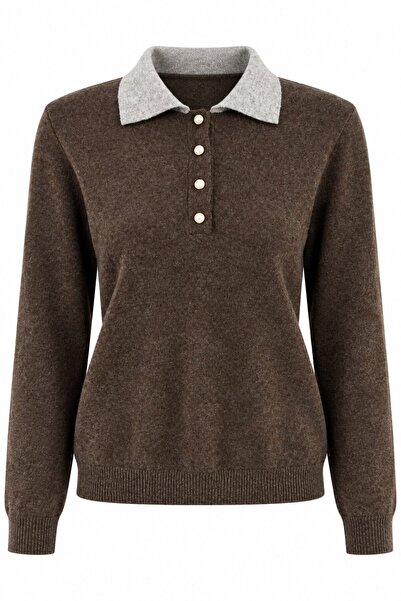 Laluvia Brown Light Beige Sweater with Colored Collar - Tk261107