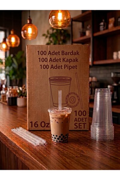 NUYA PACK 16 Oz 500 ml Şeffaf Plastik Bardak Seti 100'lü - Kalın PET Pipetli ...