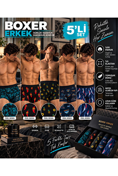 Genel Markalar Berrak Erkek Boxer 5’li Paket %95 Pamuk Desenli Penye