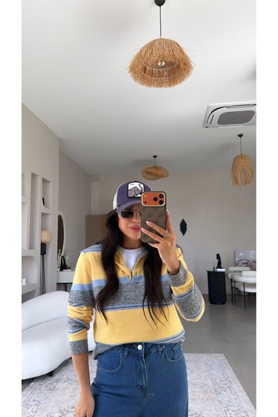 Buket Teke Yellow Gray Striped Polo Neck Soft Knitwear