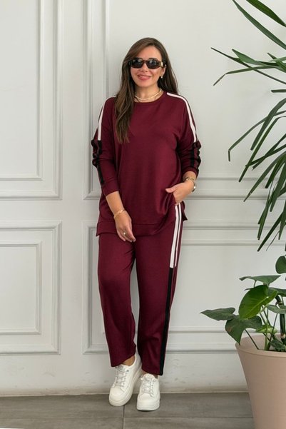 yb yağmur butik Σετ Φόρμας Μεγάλου Μεγέθους με Λεπτομέρεια Ρίγας στον Λαιμό κ...