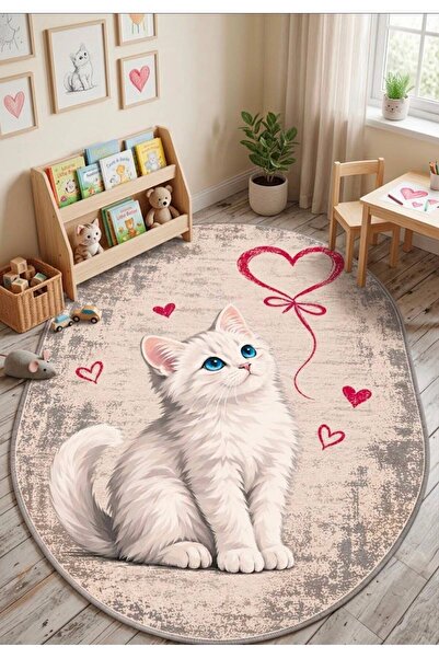 dekorug Pati Dostu Kedi Desenli Dijital Baskı Pamuk Dokuma Kaymaz Taban Salon...