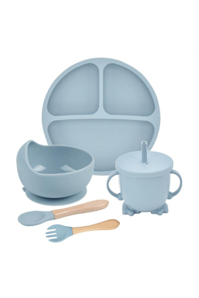 GHEMOTOC Set hranire bebe, GHEMOTOC®, 1 baveta, 1 farfurie compartimentata, 1 bol cu ventuza, 1 cana cu pai, lingurita si furculita cu maner din bambus, anti-alunecare, din silicon, fara BPA,GRI
