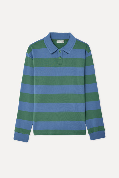 Mudo Men's Blue Striped Comfort Fit Polo Collar Sweatshirt