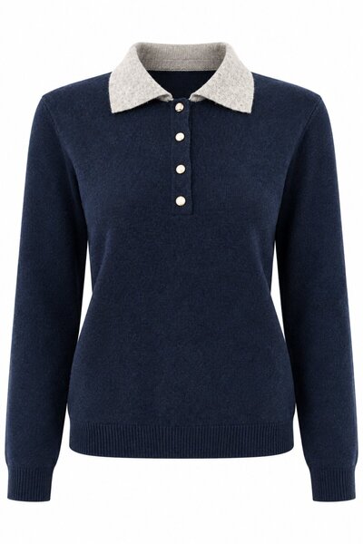 Laluvia Navy Blue Light Beige Sweater with Colored Collar - Tk261107