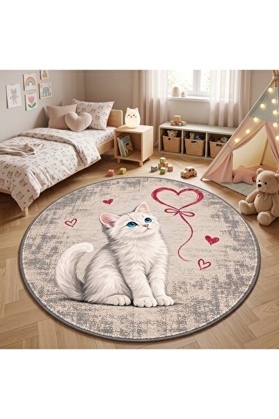 dekorug Pati Dostu Kedi Desenli Dijital Baskı Pamuk Dokuma Kaymaz Taban Salon...