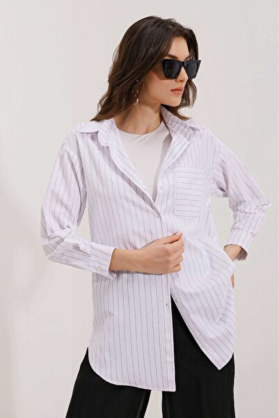 Modamorfo 20217 Striped Oversize Shirt with Pocket Detail - White