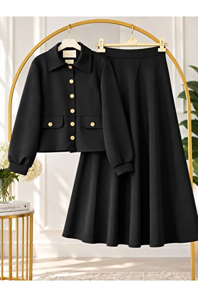 modasindoma Women's Hijab Gold Button Detailed Covered Skirt Set Black