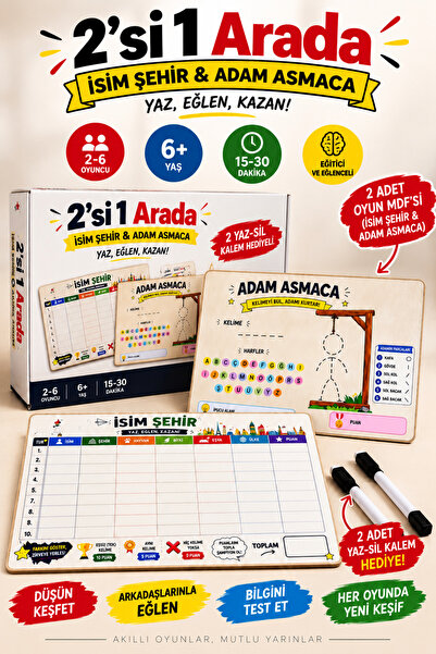 2’si 1 Arada İsim Şehir & Adam Asmaca Oyunu | 2 Adet MDF Oyun Tahtası + 2 Yaz Sil Kalem