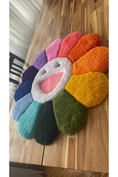 Angeles Rug Renkli Çiçek 3D Kabartmalı El Yapımı Tufted Halı – Yumuşak Dekoratif Çiçek Halı (87,5 × 87,5 cm)