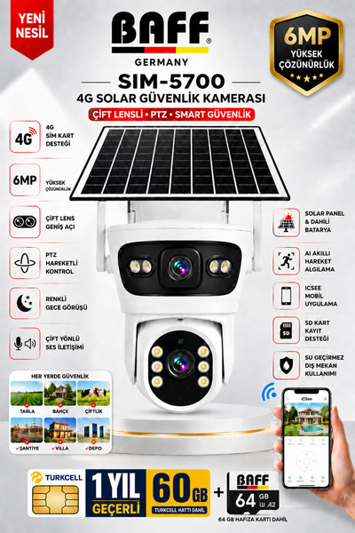 BAFF GERMANY SIM-5700 6MP 4G SIM Kartlı Solar Güvenlik Kamerası Çift Lens PTZ...