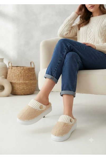 ALTUVATEKS Women's Thick Soled Winter Plush House Slippers, Knitted Collar, Buttoned, Comfortable, Silent Sole