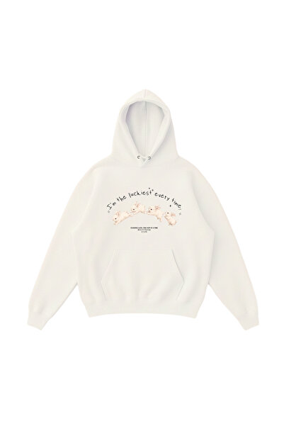 WHITE OF CREATIVE Kadın Kadın Luckiest Bunny Tavşan Baskılı Hoodie 3 İplik Ka...