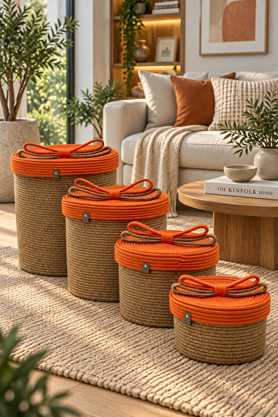 MaVaux Christmas Wicker Rope Decorative 4-Piece Wicker Rope Basket with Lid K...