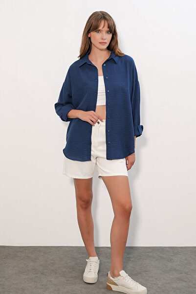 Modamorfo Women's Oversize Linen Shirt 20338 - Navy Blue