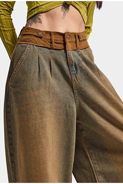 it's basic Kadın Kahve Kot 2w6-85 Palazzo Fit Kemer Detaylı Özel Tasarım Denim Jean