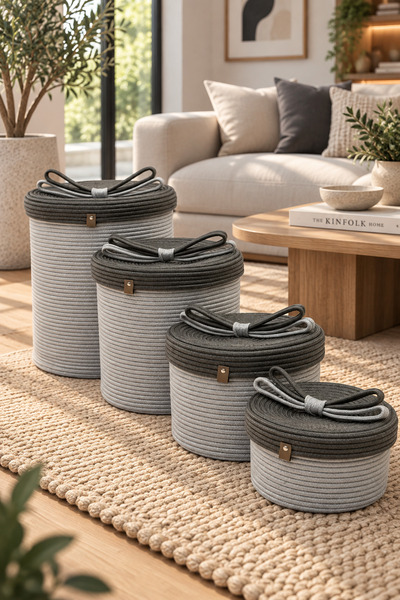 MaVaux Christmas Wicker Rope Decorative 4-Piece Wicker Rope Basket with Lid K...