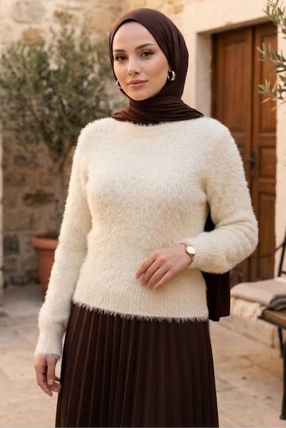 TOFİSA Sakalı Yumoş Düz Kazak Krem - 28907-KREM