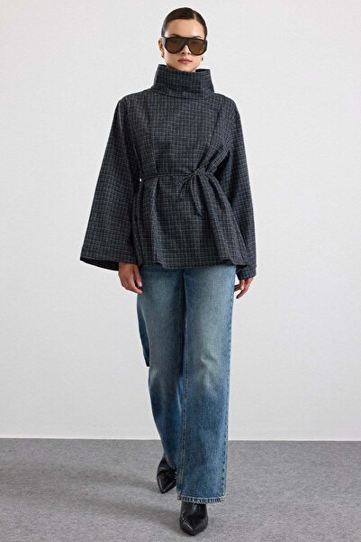 Olcay Degaje Yaka Oversize Checkered Blouse Anthracite 9839
