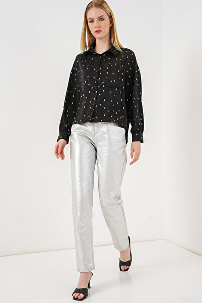 Modamorfo Women's Patterned Oversize Shirt 20361 - Black - Silver
