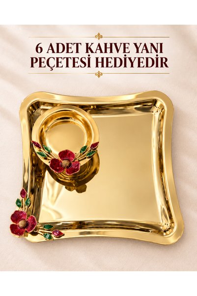 2Ddesign Çiçek Detaylı Şık Kahve Sunum Tepsisi ve Lokumluk - 12 Parça