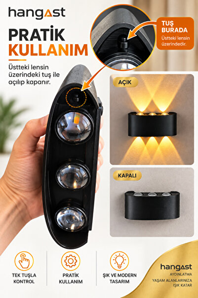 HANGAST OVAL Amber 3 LED Pilli Duvar Apliği Çift Yönlü Işık Siyah Dekoratif Duvar Lambası 16x10 cm