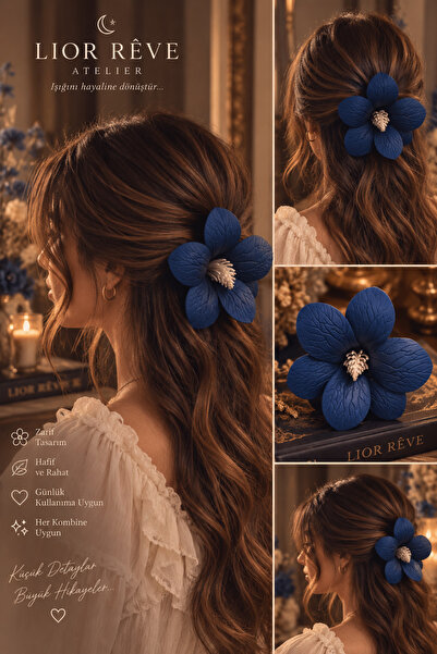 LİOR REVE ATELİER Lior Rêve Atelier Navy Blue Floral Hair Clip – Handmade Flo...