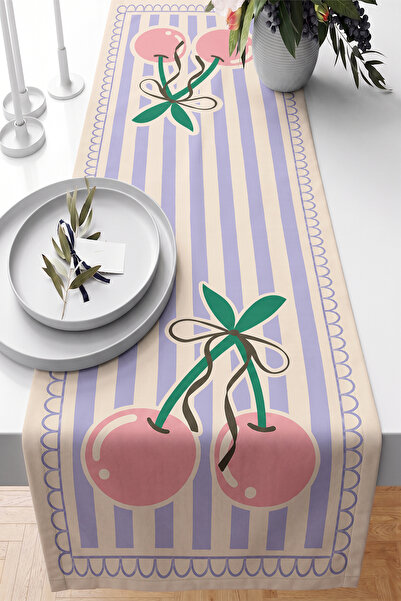 Realhomes Cherry and Leaf Patterned Striped Modern Decorative Dining Table Ru...
