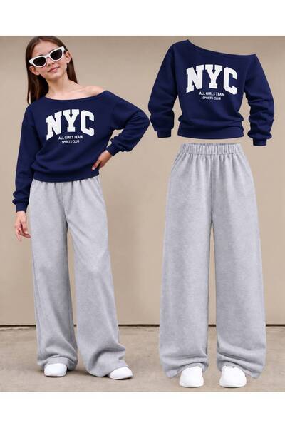 trendyears Kız Çocuk Lacivert Kayık Yaka NYC Baskılı Sweatshirt-Gri Bol Paça Eşofman Altı Takım