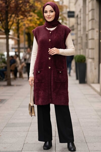 TOFİSA Sakalı Cepli Uzun Yelek Bordo - 28903-BORDO