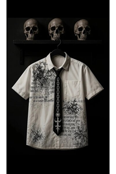 Köstebek Gothic Skull Tribal Kravatlı Unisex Beyaz Gömlek