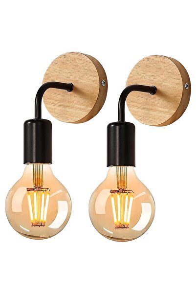 Noonedibs Apăsoar de Perete Industrial cu Lemn – Set de 2 Lămpi de Perete Vin...
