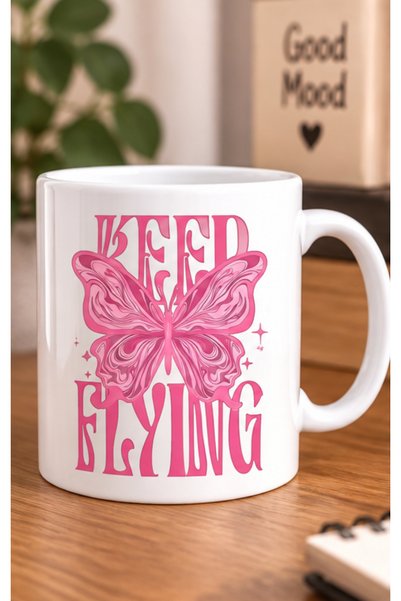 martı baskı Keep Flying Yazılı Pembe Kelebek Desenli Sevdiklerinize Hediye Po...