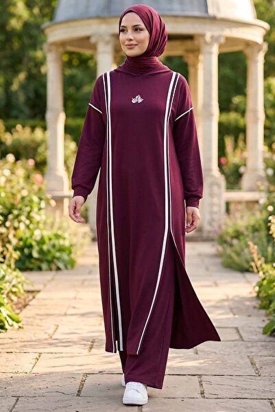 TOFİSA Şeritli Baskı Detaylı Oysh Modal Takım Bordo - 28941-BORDO