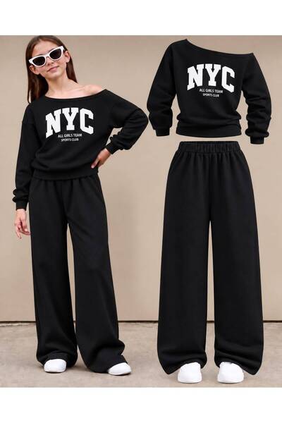 trendyears Kız Çocuk Siyah Kayık Yaka NYC Baskılı Sweatshirt-Siyah Bol Paça Eşofman Altı Takım