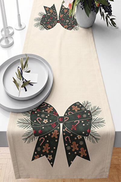 Realhomes Digital Printed Decorative Table Runner with Christmas Bow, Gingerb...