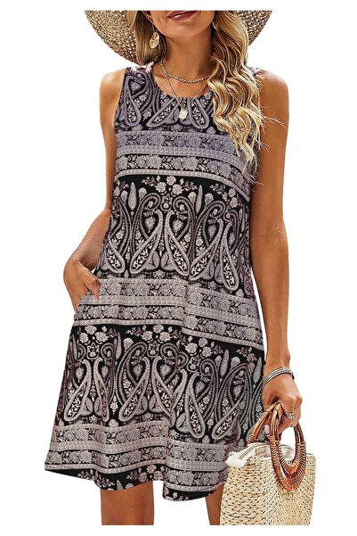 Noonedibs Rochie Plajă Femei Fără Mâneci Cu Imprimeu Floral, Rochie Casual Le...