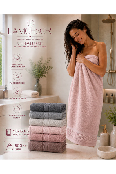 LA MEHSER High Grammage Soft 6-Piece Bath Towel Set 90X150
