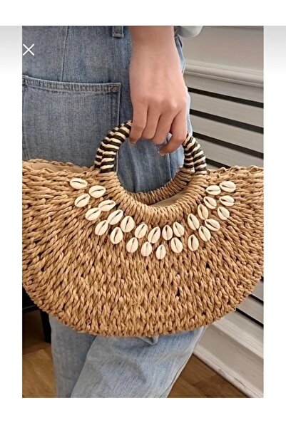 İNCİ ÇEYİZ Hand Knitted Straw Rope Large Size Women's Seashell Portfolio Hand...