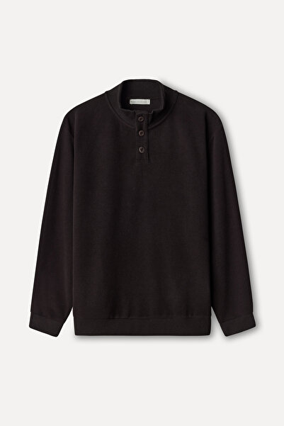 Mudo Men's Brown Buttoned Stand Collar Sweatshirt