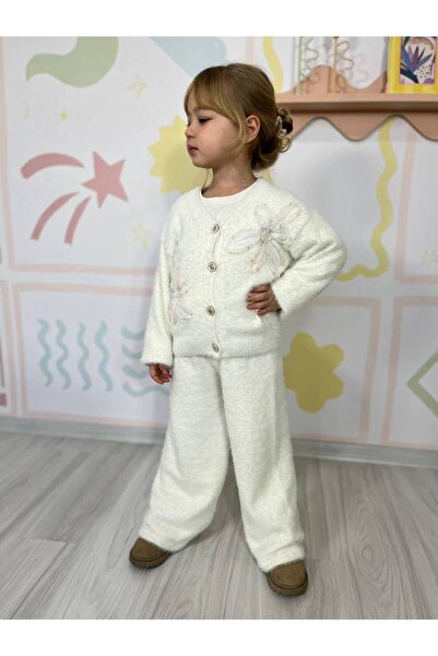 GREYFURTKİDS Girl's Floral Detailed Soft Textured Cardigan Pants 2-Piece Set