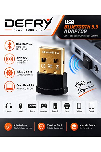 Defry Bluetooth Adaptör V5.3 USB Dongle – PC Masaüstü Bilgisayar Laptop Bluet...