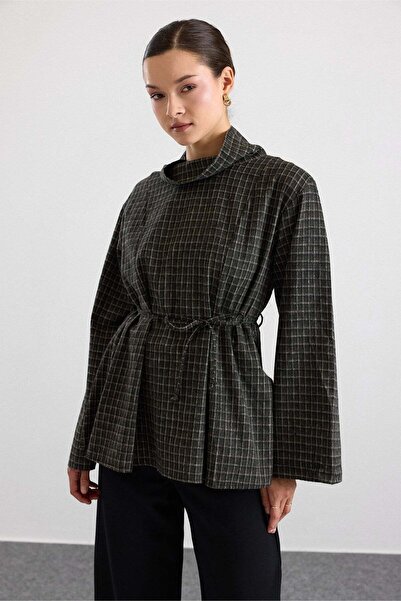 Olcay Degaje Yaka Oversize Checkered Blouse Khaki 9839