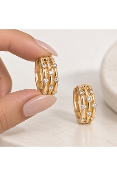 ZEYNORA JEWELLERY 14K Altın Renginde Zirkon Taşlı Premium Halka Küpe-Kararmaz