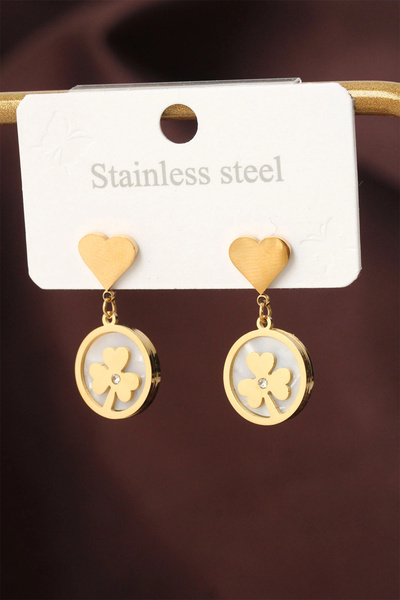 shopwave Steel Gold Color Zircon Stone Detail Heart Clover Earrings
